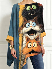 Damen-Top im modernen Graffiti-Stil mit Katzenmuster, asymmetrischem Saum und langen Ärmeln