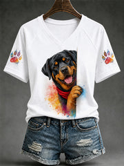 Damen-T-Shirt mit niedlichem Hundeaufdruck – Geschenk für Tierliebhaber, lässig, V-Ausschnitt
