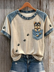 Frauen Yorkshire Terrier Hund Gefälschte Tasche & Pfote Drucke Denim Patchwork Print T-Shirts