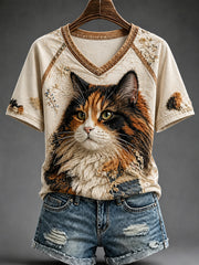 Damen Spaß Retro Katzen V-Ausschnitt Off-Schulter-Kurzarm T-Shirt