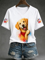 Damen-T-Shirt mit niedlichem Hundeaufdruck – Geschenk für Tierliebhaber, lässig, V-Ausschnitt