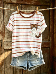 Damen geschnittenes Kurzarm-T-Shirt mit geschnittenem Katzen muster gedruckt