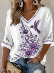 Frauen lila Blumen-und Kolibri druck Alzheimer-Bewusstseins unterstützung mit halben Ärmeln V-Ausschnitt T-Shirt