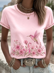 Damen-T-Shirt in Pink mit Blumen- und Kolibri-Print zur Unterstützung der Brustkrebsaufklärung