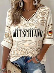 Damen-Offwhite-Casual-T-Shirt mit deutschem Fußballmotiv und V-Ausschnitt