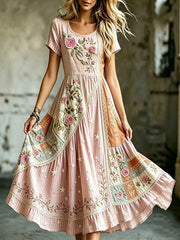 Elegantes Damenkleid aus Baumwolle und Leinen mit Blumenmuster