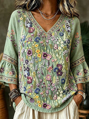 Elegantes Damen-Top aus Baumwolle und Leinen mit Blumenmuster