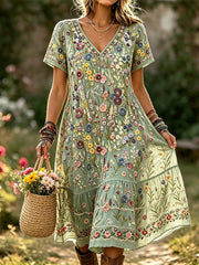 Elegantes Damenkleid aus Baumwolle und Leinen mit Blumenmuster