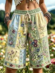 Elegante florale Shorts aus Baumwolle und Leinen für Damen