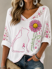 Frauen-Kampf Brustkrebs-Print Mittellange Ärmel V-Ausschnitt T-Shirt