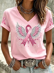 Damen-Kurzarm-T-Shirt mit rosafarbener Farbband-Kunstdruck für Brustkrebs