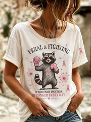Damen-T-Shirt aus Leinen mit Brustkrebs-Gedenk-Print und kurzen Ärmeln