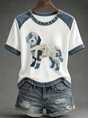 Damen-Floral-Karo-Denim-Hundekunst-Waffelprint-Lässiges T-Shirt