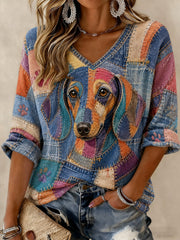 Damen-Kunst-Hund bedruckte mittellange Ärmel V-Ausschnitt T-Shirt