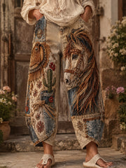 Damen Vintage Western Horse und Floral Collage Kunstdruck Ausgestellte Hose