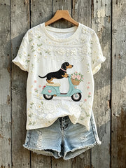 Damen niedliches Dackel Scooter Kunst Blumen druck Kurzarm T-Shirt