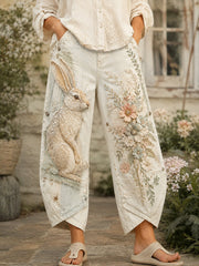 Damen Vintage Kaninchen und Floral Collage Kunstdruck Ausgestellte Hose