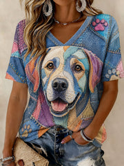 Bedrucktes T-Shirt mit V-Ausschnitt Damen-Kunst hund