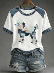 Damen-Floral-Karo-Denim-Hundekunst-Waffelprint-Lässiges T-Shirt