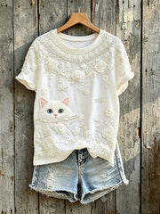Kurzärmliges T-Shirt mit Blumen druck für Damen niedliche Katze mit Blick auf Kunst