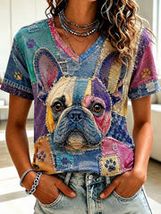 Damen-T-Shirt mit Kunst- und Hundeprint sowie V-Ausschnitt