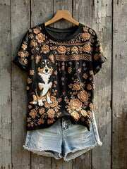 Damen-T-Shirt mit süßem Chihuahua-Kunst-Blumen druck