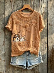 Kurzärmliges T-Shirt mit Blumen druck für Damen niedlicher Hund & Katze