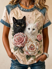 Damen niedliches Vintage-Blumen-Katzen-Print-T-Shirt mit kurzen Ärmeln