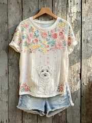 Kurzärmliges T-Shirt mit Niedlichem Hunde druck für Damen mit bunten Blumen kunst