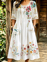 Vintage Bohemian-Blumen druck mit V-Ausschnitt Elegantes schickes, lockiges Midi-Kleid