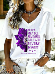 Damen-T-Shirt mit violetter Blumen- und Alzheimer-Aufklärungs-Print-Optik, V-Ausschnitt