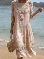 Elegantes, schickes, weites Midikleid im Vintage-Stil mit V-Ausschnitt und bohemianem Blumenmuster
