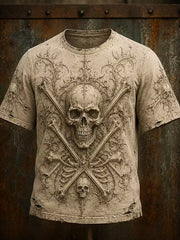 Dunkles Retro-Casual-T-Shirt für Herren mit geheimnisvollem Totenkopf-Print im Piratenstil