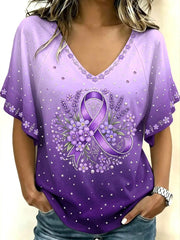 Damen-T-Shirt mit violetter Blumen- und Alzheimer-Aufklärungs-Print-Optik, V-Ausschnitt