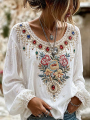 Damen Retro Floral Art Print Casual Baumwolle Leinen Top
