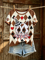 Frauen Poker Katzen muster lässig gewaschenes T-Shirt