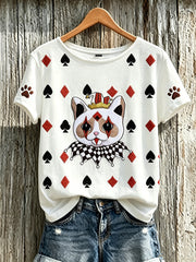 Damen-Poker-T-Shirt mit Katzenmuster, lässig und gewaschen