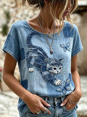 Damen-Retro-T-Shirt mit tierischem Kunstdruck, lässig