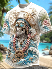 Dunkles Retro-Casual-T-Shirt für Herren mit geheimnisvollem Totenkopf-Print im Piratenstil