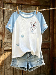 Frauen geschnittenes Hunde muster bedrucktes Rundhals-Kurzarm-T-Shirt
