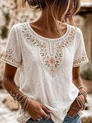 Damen-Retro-Top aus Baumwolle und Leinen mit floraler Kunstprint-Optik, lässig geschnitten