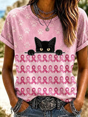 Damen-T-Shirt mit rosa Bändchen Katze