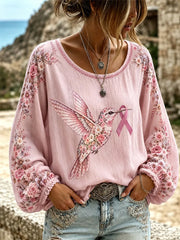 Frauen Lila Blumen-und Kolibri druck Alzheimer-Sensi bilisierung Unterstützung Langarm-Top