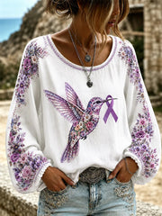 Frauen Lila Blumen-und Kolibri druck Alzheimer-Sensi bilisierung Unterstützung Langarm-Top