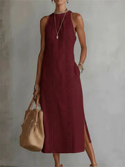 Damen Edles einfaches, seitliches, ärmel loses Leinen-Maxi kleid mit Schlitz