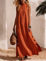 Damen Casual Mock Neck Button Down Seite Schlitz Leinen Maxi kleid