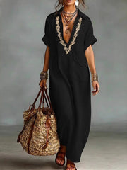 Damen Vintage Besticktes Klappens chlag tasche Kurzarm Leinen Maxi kleid
