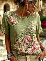 Damen-Retro-T-Shirt mit Blumenmuster und Kunstdruck, lässig