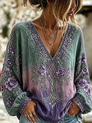 Damen-Retro-Top mit Blumenmuster und Kunstdruck, lässig