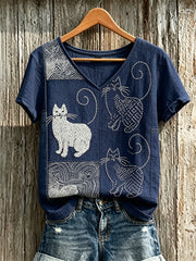 Damen-T-Shirt aus Leinen mit japanischem Sashiko-Kunstdruck und Katzenmotiv, kurzärmelig